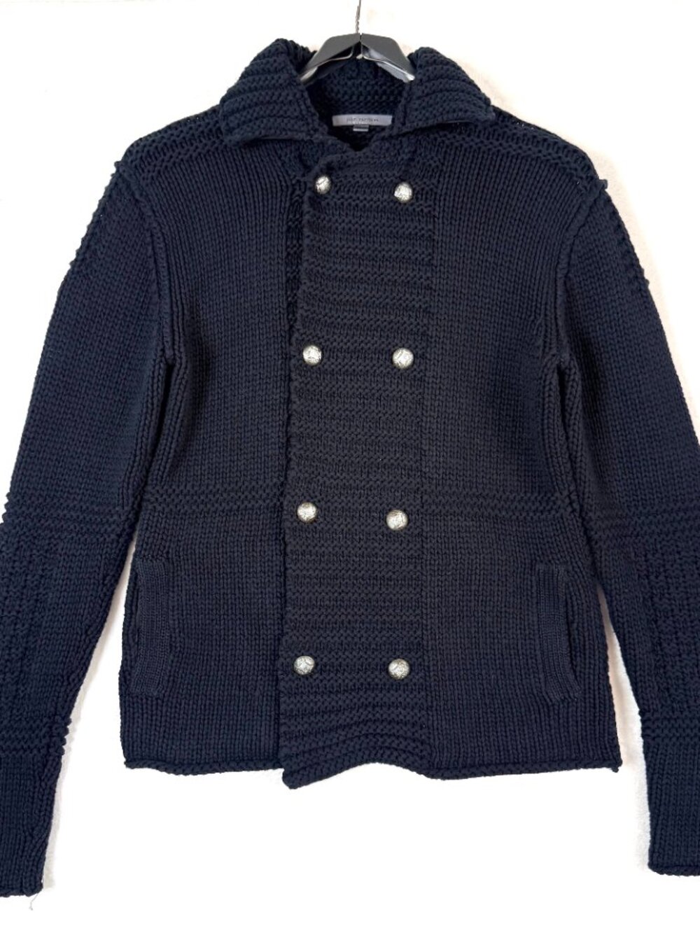 JOHN VARVATOS Cotton Preppy Double Breasted Chunky Cable Knit Cardigan Mens L